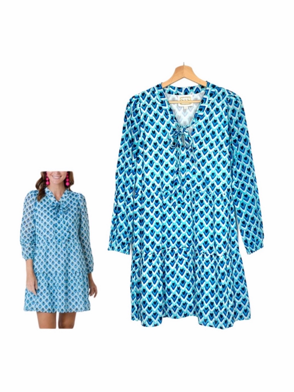 Sail to Sable Long Sleeve Tiered Dress Blue White Small Coastal Beachy